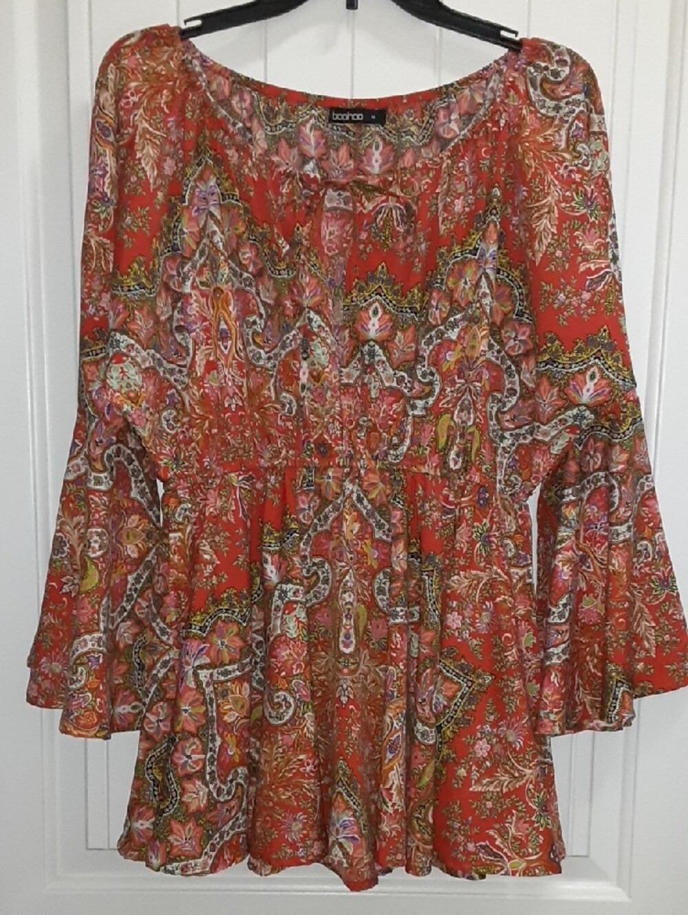 Boohoo Paisley Plisse Bell Sleeve Peasant Blouse Top Orange Rust Medium